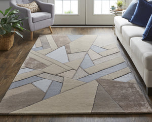 Homeroots 8' X 10' Tan Brown And Blue Wool Geometric Tufted Handmade Area Rug Tan,Brown,Blue Wool 514599