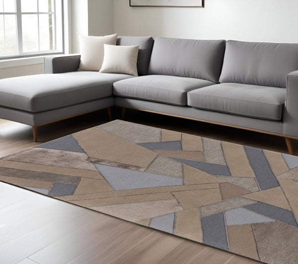 HomeRoots 5' Wool Geometric Tufted Area Rug in Tan, Brown & Blue - Stylish Handmade Accent for Any Room 8' X 10' 514599