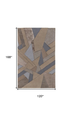 HomeRoots 5' Wool Geometric Tufted Area Rug in Tan, Brown & Blue - Stylish Handmade Accent for Any Room 10' X 14' 514601