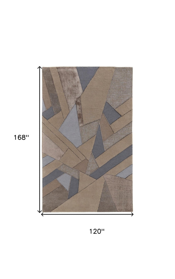 HomeRoots 5' Wool Geometric Tufted Area Rug in Tan, Brown & Blue - Stylish Handmade Accent for Any Room 10' X 14' 514601