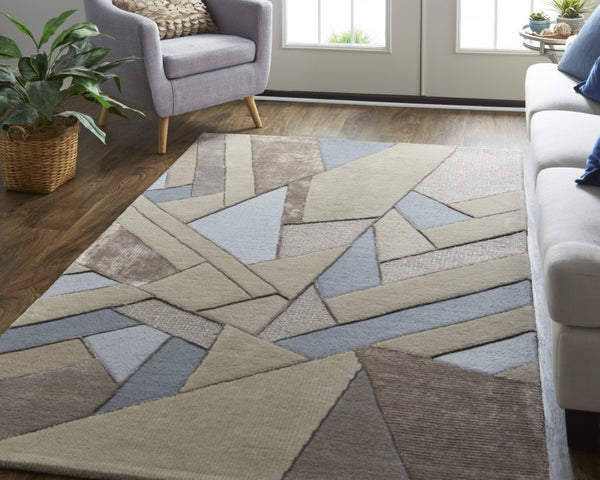 HomeRoots 5' Wool Geometric Tufted Area Rug in Tan, Brown & Blue - Stylish Handmade Accent for Any Room 10' X 14' 514601