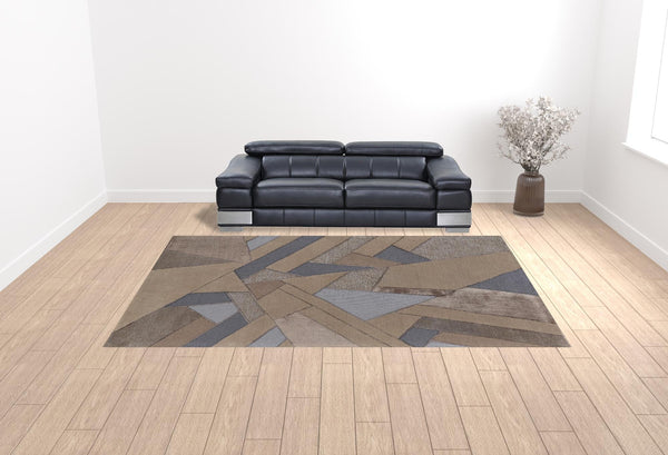 Homeroots 10' X 14' Tan Brown And Blue Wool Geometric Tufted Handmade Area Rug Tan,Brown,Blue Wool 514601