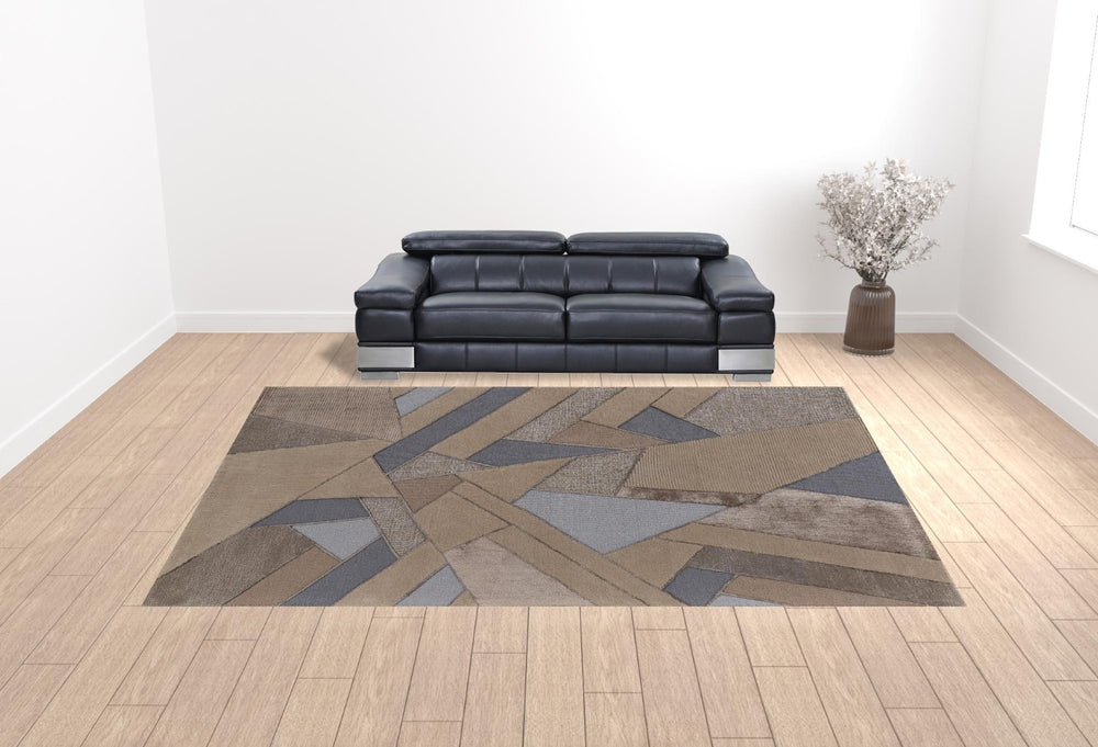 HomeRoots 5' Wool Geometric Tufted Area Rug in Tan, Brown & Blue - Stylish Handmade Accent for Any Room 12' X 15' 514602
