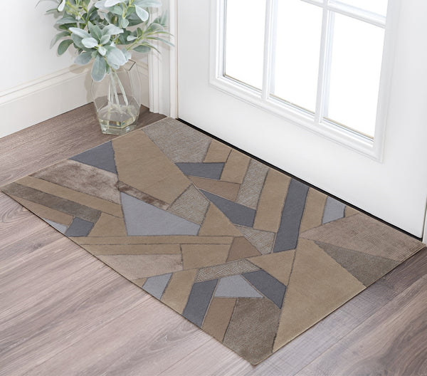 Homeroots 2' X 3' Tan And Brown Wool Geometric Hand Tufted Area Rug Tan,Brown,Blue Wool 514603