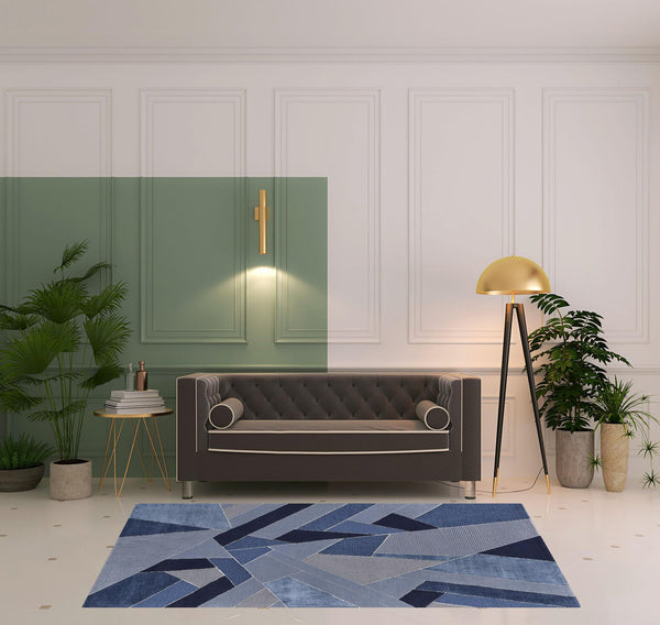 Homeroots 5' X 8' Blue And Silver Wool Geometric Tufted Handmade Area Rug Blue,Silver Wool 514605