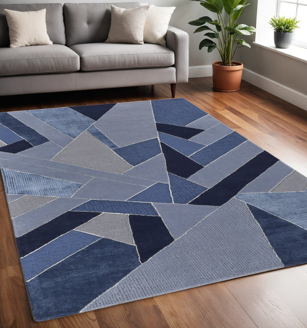 HomeRoots 5' Wool Geometric Tufted Area Rug in Tan, Brown & Blue - Stylish Handmade Accent for Any Room 5' X 8' 514605