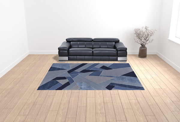 Homeroots 9' X 12' Blue And Silver Wool Geometric Tufted Handmade Area Rug Blue,Silver Wool 514607