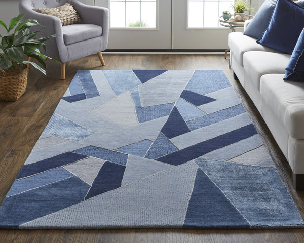 Homeroots 12' X 15' Blue And Silver Mosaic Hand Tufted Area Rug Blue,Silver Wool Blend 514609