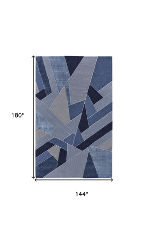 Homeroots 12' X 15' Blue And Silver Mosaic Hand Tufted Area Rug Blue,Silver Wool Blend 514609
