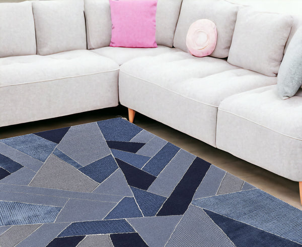 Homeroots 12' X 15' Blue And Silver Mosaic Hand Tufted Area Rug Blue,Silver Wool Blend 514609