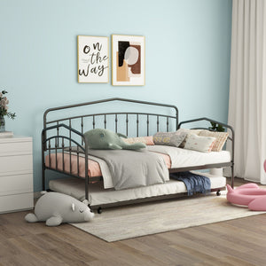 English Elm Fox twin daybed with twin trundle sturdy metal frame, anti-noise slats, easy-glide casters, no box spring needed Black B083P154245
