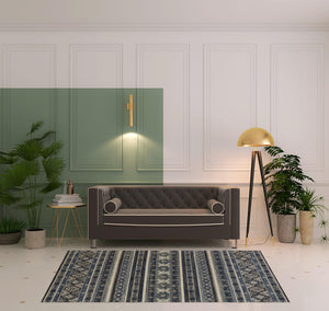 Homeroots 5' X 8' Blue Tan And Black Geometric Power Loom Distressed Stain Resistant Area Rug Blue,Tan,Black Polypropylene 514612