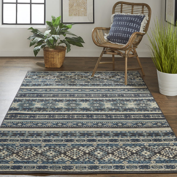 Homeroots 5' X 8' Blue Tan And Black Geometric Power Loom Distressed Stain Resistant Area Rug Blue,Tan,Black Polypropylene 514612