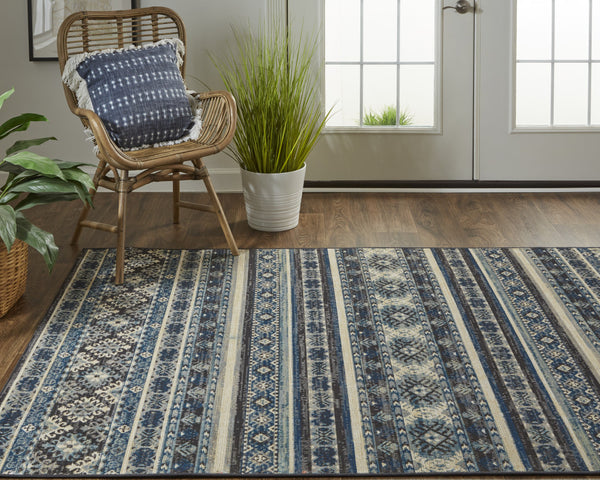 Homeroots 5' X 8' Blue Tan And Black Geometric Power Loom Distressed Stain Resistant Area Rug Blue,Tan,Black Polypropylene 514612