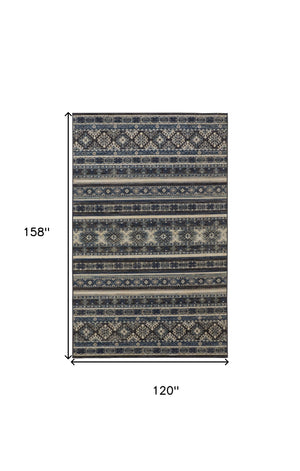 Homeroots 10' X 13' Blue Tan And Black Geometric Power Loom Distressed Stain Resistant Area Rug Blue,Tan,Black Polypropylene 514615