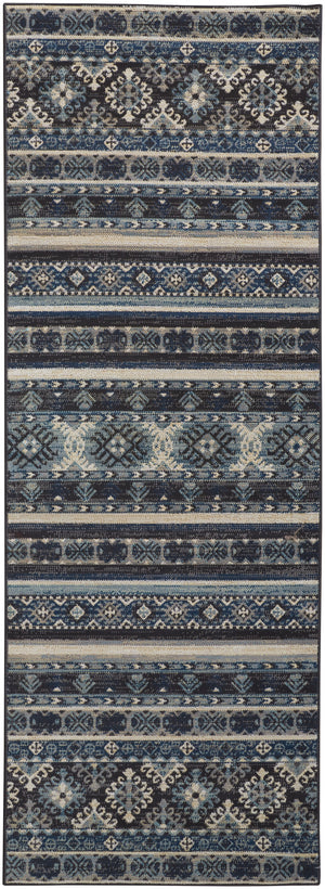 Homeroots 8' Blue Tan And Black Geometric Power Loom Distressed Stain Resistant Runner Rug Blue,Tan,Black Polypropylene 514616