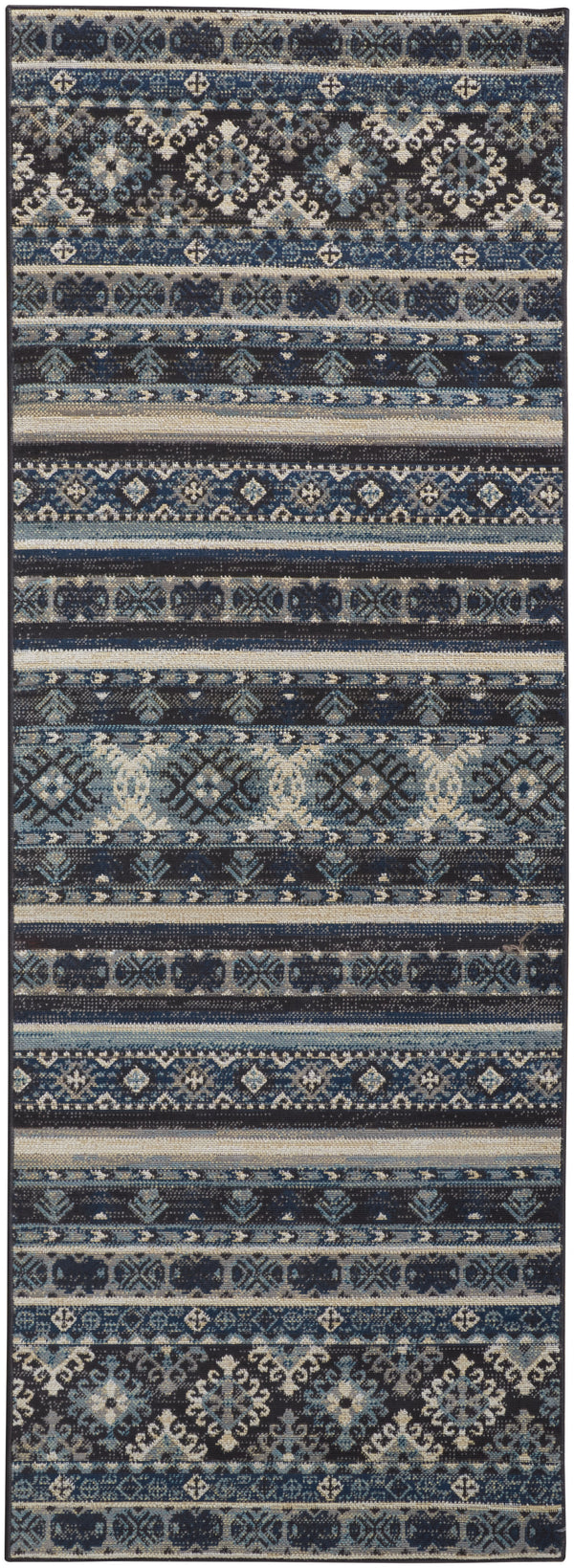 Homeroots 8' Blue Tan And Black Geometric Power Loom Distressed Stain Resistant Runner Rug Blue,Tan,Black Polypropylene 514616
