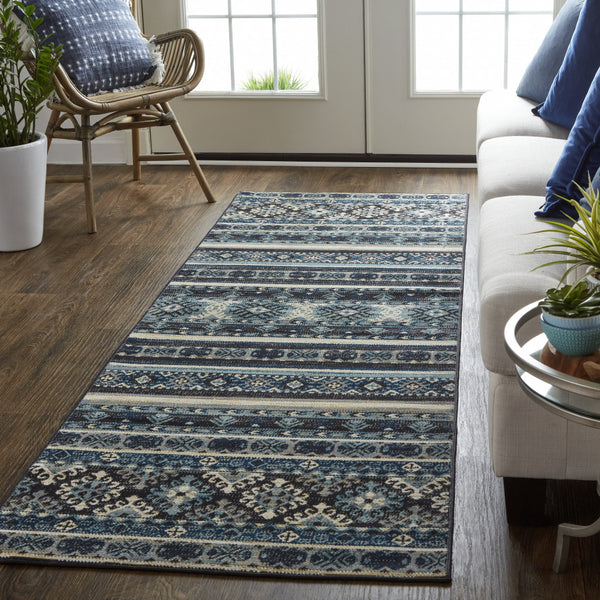 Homeroots 8' Blue Tan And Black Geometric Power Loom Distressed Stain Resistant Runner Rug Blue,Tan,Black Polypropylene 514616