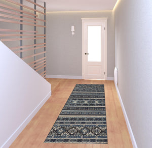 Homeroots 8' Blue Tan And Black Geometric Power Loom Distressed Stain Resistant Runner Rug Blue,Tan,Black Polypropylene 514616