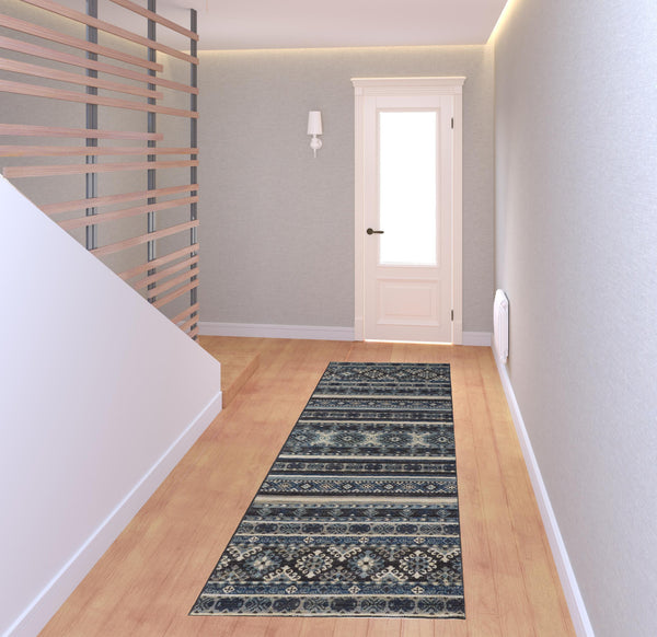 Homeroots 8' Blue Tan And Black Geometric Power Loom Distressed Stain Resistant Runner Rug Blue,Tan,Black Polypropylene 514616