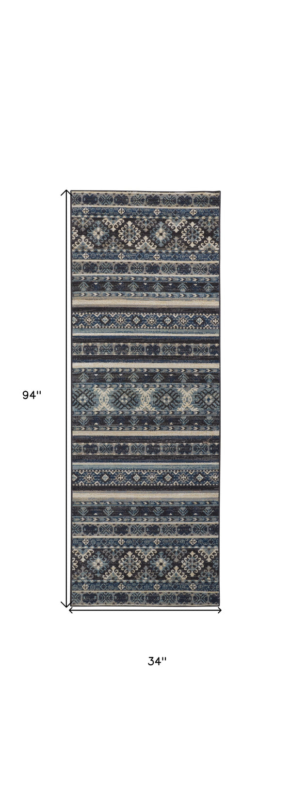 Homeroots 8' Blue Tan And Black Geometric Power Loom Distressed Stain Resistant Runner Rug Blue,Tan,Black Polypropylene 514616
