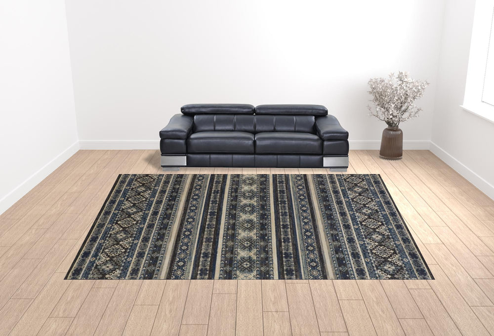Homeroots 13' X 15' Geometric Power Loom Distressed Area Rug Blue,Tan,Black Polypropylene 514617