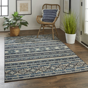Homeroots 13' X 15' Geometric Power Loom Distressed Area Rug Blue,Tan,Black Polypropylene 514617
