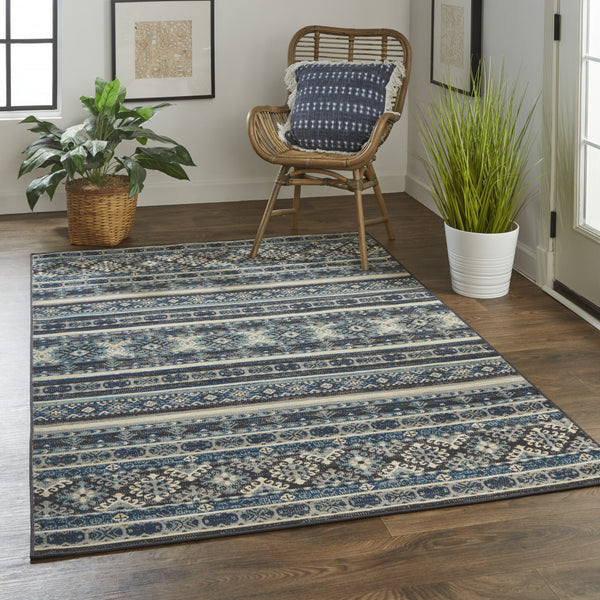 Homeroots 13' X 15' Geometric Power Loom Distressed Area Rug Blue,Tan,Black Polypropylene 514617