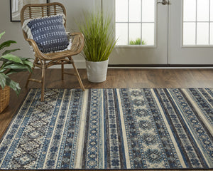 Homeroots 13' X 15' Geometric Power Loom Distressed Area Rug Blue,Tan,Black Polypropylene 514617