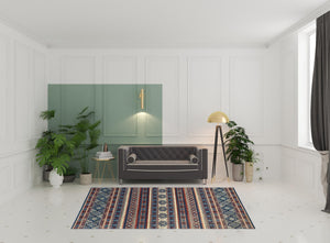 Homeroots 7' X 10' Blue Red And Ivory Geometric Power Loom Distressed Stain Resistant Area Rug Blue,Red,Ivory Polypropylene 514620