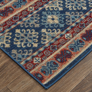 Homeroots 8' X 11' Blue Red And Ivory Geometric Power Loom Distressed Stain Resistant Area Rug Blue,Red,Ivory Polypropylene 514621