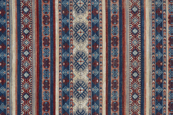 Homeroots 8' X 11' Blue Red And Ivory Geometric Power Loom Distressed Stain Resistant Area Rug Blue,Red,Ivory Polypropylene 514621