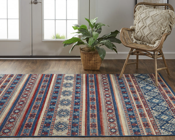 Homeroots 10' X 13' Blue Red And Ivory Geometric Power Loom Distressed Stain Resistant Area Rug Blue,Red,Ivory Polypropylene 514622