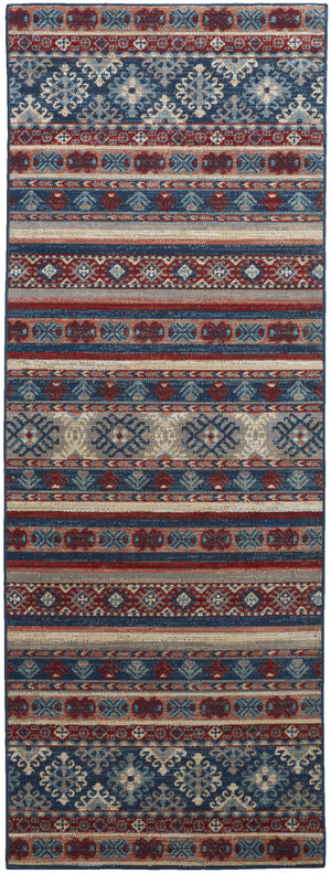 Homeroots 8' Blue Red And Ivory Geometric Power Loom Distressed Stain Resistant Runner Rug Blue,Red,Ivory Polypropylene 514623