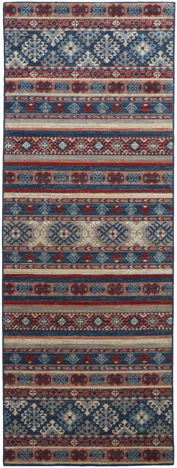 Homeroots 8' Blue Red And Ivory Geometric Power Loom Distressed Stain Resistant Runner Rug Blue,Red,Ivory Polypropylene 514623