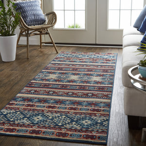 Homeroots 8' Blue Red And Ivory Geometric Power Loom Distressed Stain Resistant Runner Rug Blue,Red,Ivory Polypropylene 514623