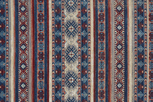 Homeroots 8' Blue Red And Ivory Geometric Power Loom Distressed Stain Resistant Runner Rug Blue,Red,Ivory Polypropylene 514623