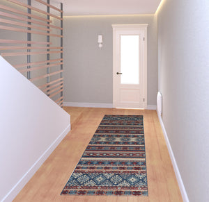 Homeroots 8' Blue Red And Ivory Geometric Power Loom Distressed Stain Resistant Runner Rug Blue,Red,Ivory Polypropylene 514623