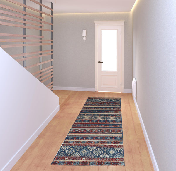 Homeroots 8' Blue Red And Ivory Geometric Power Loom Distressed Stain Resistant Runner Rug Blue,Red,Ivory Polypropylene 514623