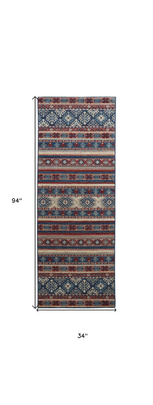Homeroots 8' Blue Red And Ivory Geometric Power Loom Distressed Stain Resistant Runner Rug Blue,Red,Ivory Polypropylene 514623