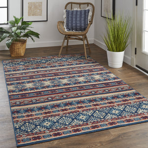 Homeroots 13' X 15' Geometric Power Loom Distressed Area Rug Blue,Red,Ivory Polypropylene 514624