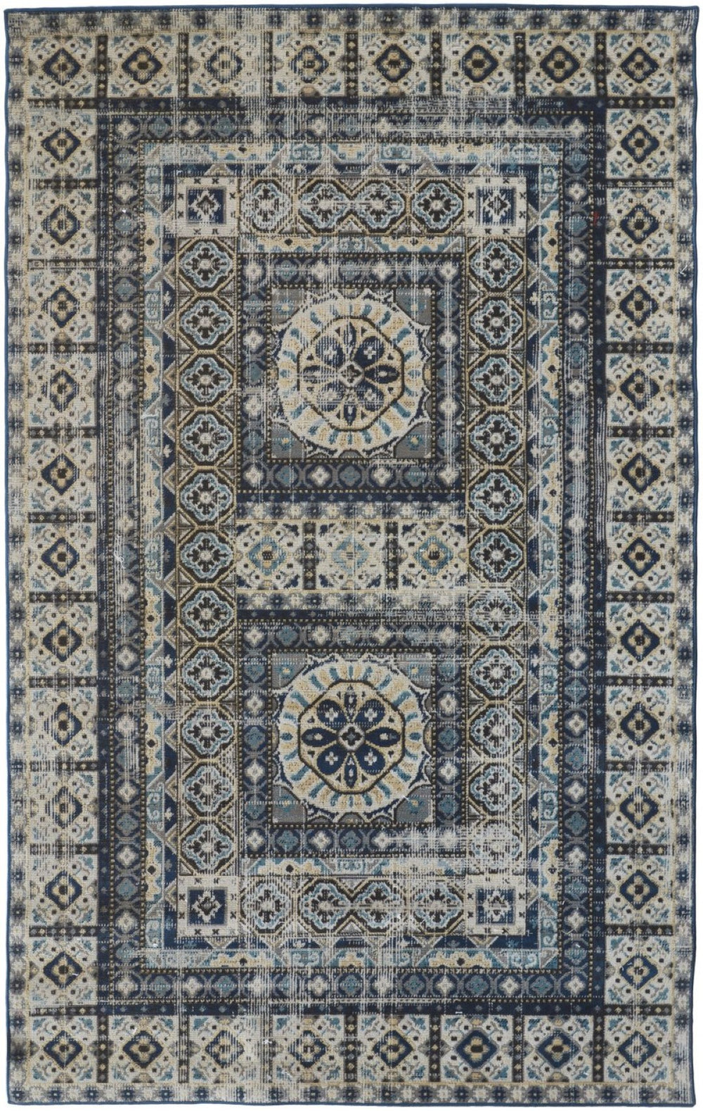 HomeRoots 7' Ivory and Blue Medallion Distressed Area Rug - Timeless Elegance for Any Space, Easy Care & Durable 7' X 10' 514627