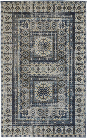HomeRoots 7' Ivory and Blue Medallion Distressed Area Rug - Timeless Elegance for Any Space, Easy Care & Durable 7' X 10' 514627