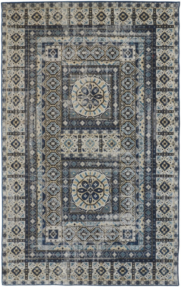 HomeRoots 7' Ivory and Blue Medallion Distressed Area Rug - Timeless Elegance for Any Space, Easy Care & Durable 7' X 10' 514627