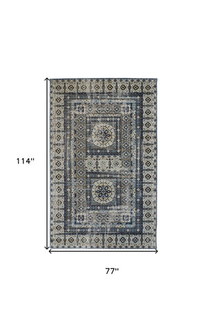 HomeRoots 7' Ivory and Blue Medallion Distressed Area Rug - Timeless Elegance for Any Space, Easy Care & Durable 7' X 10' 514627