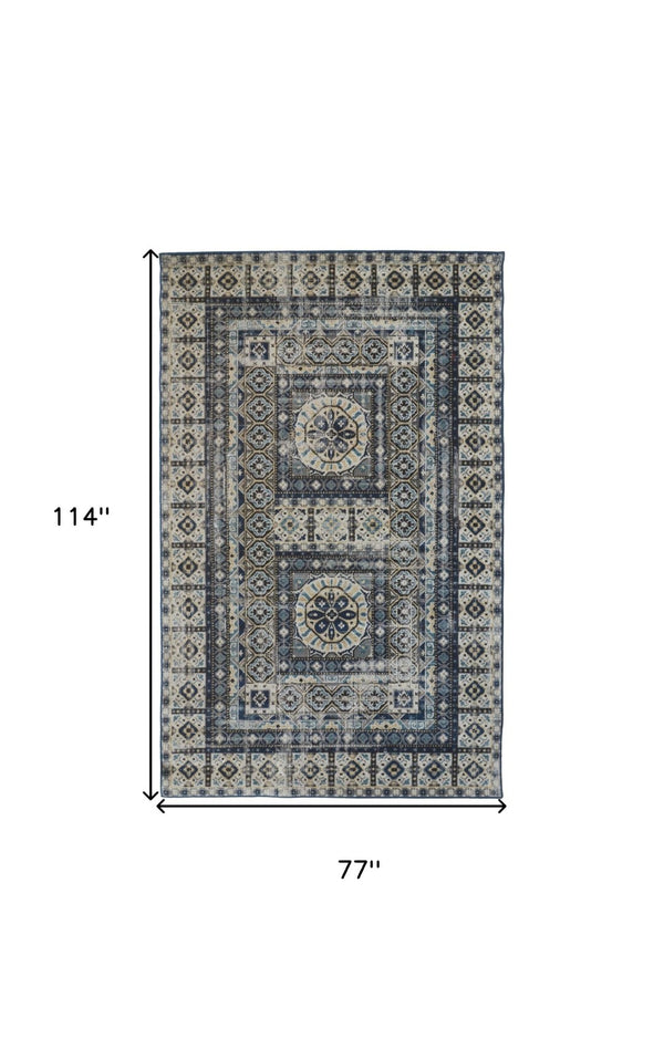 HomeRoots 7' Ivory and Blue Medallion Distressed Area Rug - Timeless Elegance for Any Space, Easy Care & Durable 7' X 10' 514627