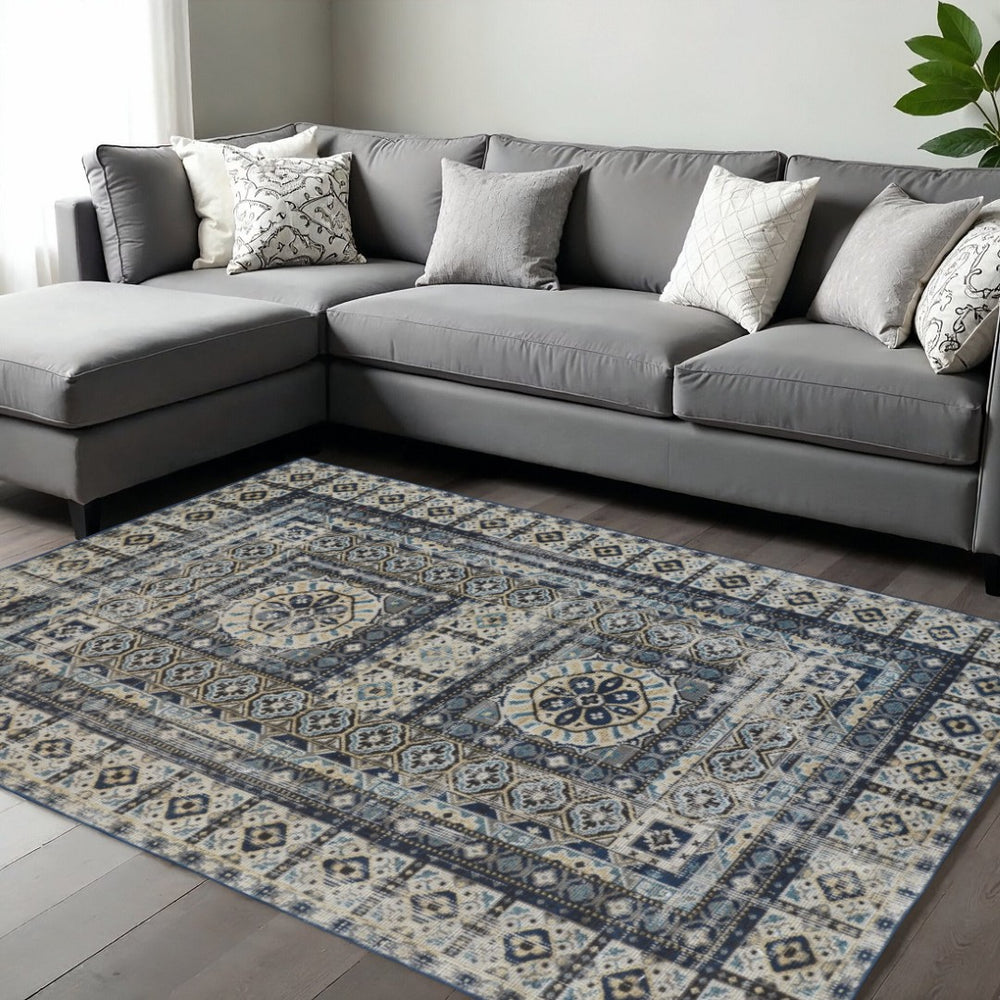 HomeRoots 7' Ivory and Blue Medallion Distressed Area Rug - Timeless Elegance for Any Space, Easy Care & Durable 7' X 10' 514627