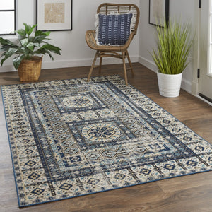 HomeRoots 7' Ivory and Blue Medallion Distressed Area Rug - Timeless Elegance for Any Space, Easy Care & Durable 7' X 10' 514627