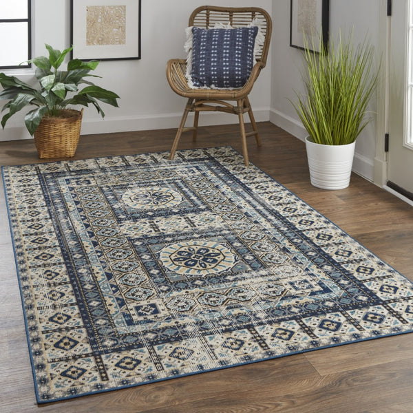 HomeRoots 7' Ivory and Blue Medallion Distressed Area Rug - Timeless Elegance for Any Space, Easy Care & Durable 7' X 10' 514627