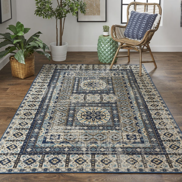 HomeRoots 7' Ivory and Blue Medallion Distressed Area Rug - Timeless Elegance for Any Space, Easy Care & Durable 7' X 10' 514627